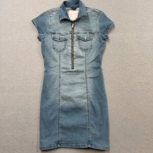 NEW G By GUESS Nini Knitdigo Dress Women's Small Blue Denim Half Zip Pullover